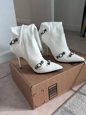 White Knee High Stiletto Boots | Y2K Moto Buckle Pointed Toe Cyber Glam Size 40 thumbnail 2