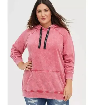 Torrid Plus Classic Fit Cozy Fleece Distressed Pink Drawstring Raglan Hoodie thumbnail 1