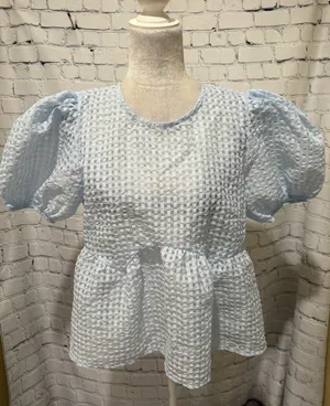 Maeve Anthropologie Blue Sheer Shirt Puff Sleeve Babydoll Top Size Medium thumbnail 1