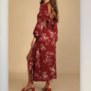NWT‎ Lulus Total Perfection Burgundy Floral Print Tie-Back Midi Dress SMALL thumbnail 3