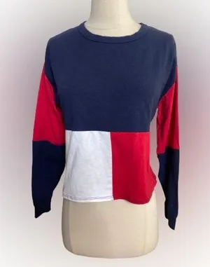 GAZE women's long sleeve crop top shirt in red, white, and blue thumbnail 1