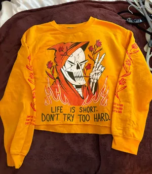 Wicked Clothes Life Is Short Don’t Try Too Hard Skull Cropped Sweater Halloween Spooky thumbnail 1
