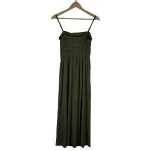 Lovestitch Smocked Ruffle Solid Maxi Dress Olive Green Boho Stretch Size S thumbnail 4