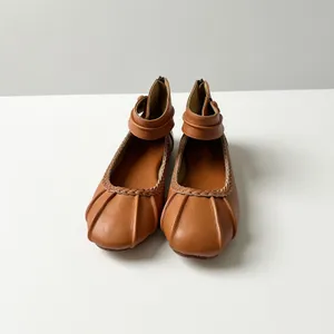 NEW ELF Muse Ankle Strap Leather Ballet Flats Dark Tan Braided Trim Zip Back 8.5 thumbnail 2