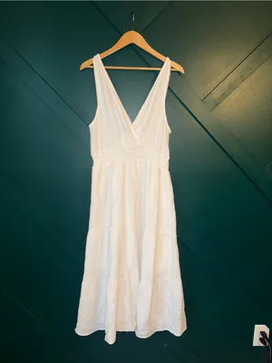 White Gauze Midi Dress Boho Cottagecore V-Neck Tiered Coastal Casual Lightweight thumbnail 2