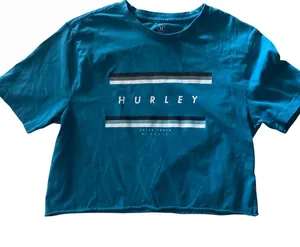 Hurley Teal Cropped Logo Tee with Stripes thumbnail 1