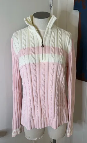 Tommy Hilfiger Pink & Cream Cable Half-Zip Turtleneck Sweater SZ L thumbnail 1