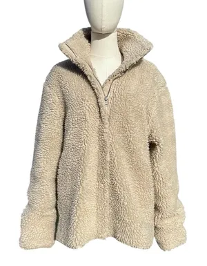 Aeropostale Sherpa Fleece Pullover Women M Cream Quarter Zip Teddy Cozy Neutral thumbnail 1