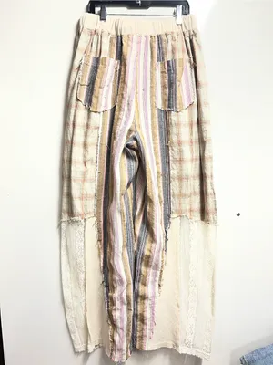 POL NEW relaxed fit patchwork cotton pants plaid, stripes, lace detail medium thumbnail 8