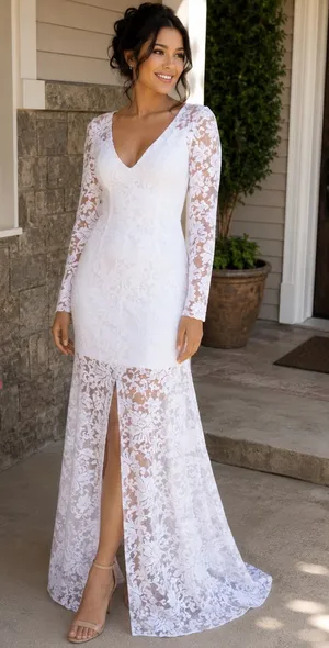 White Lace Long-Sleeve Bridal Gown with V-Neck and Front Slit thumbnail 1