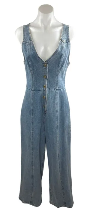 Etiquette Blue Denim Sleeveless V-Neck Button Wide Leg Overalls Jumpsuit Size S thumbnail 1