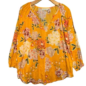 Roller Rabbit Women’s Size L Yellow Floral V-Neck Peasant Blouse Top Shirt thumbnail 1