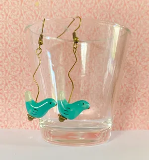 Handmade ceramic bird beads dangle earrings💙🕊💚 thumbnail 2