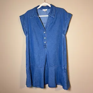 Entro Stay Close Denim Drop Waist Collared Button Front Mini Dress Blue M thumbnail 2