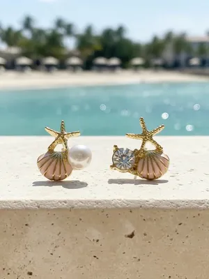 Gold Starfish & Pink Shell Stud Earrings with Pearl and Crystal Accents thumbnail 2