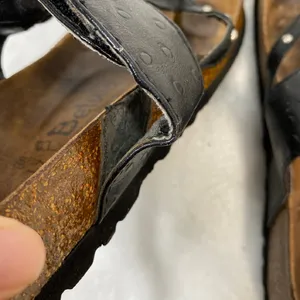 Betula Birkenstock Thong Sandals Black Leather‎ Pearls Size 38 W7-flaw thumbnail 10