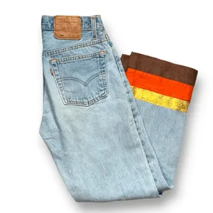 Vintage 90s Levi’s 501 Jeans Custom Brown Boho Stripe Hem USA Made Festival Wear thumbnail 2