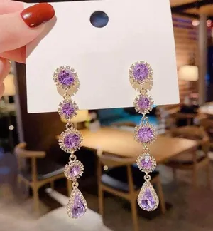 Women's Purple Crystal Teardrop Long Dangle Drop Earrings thumbnail 1