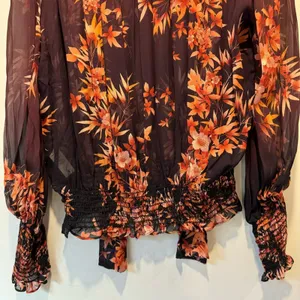 🍁 Warm New York‎ Floral Semi Sheer Neck Tie Blouse Burgundy Long Sleeve Elastic thumbnail 8