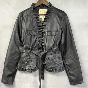 Wet Seal Womens Faux Leather Jacket XL Brown Ruffle Belted Y2K 2000s McBling thumbnail 14