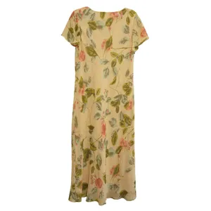 Vintage Floral Crinkle Chiffon Maxi Dress Yellow Peach Short Sleeve‎ 90s Teacher thumbnail 6