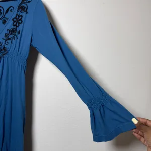 Johnny Was JWLA Women Cotton Tunic Mini Dress L Blue Embroidered Artsy Boho thumbnail 2