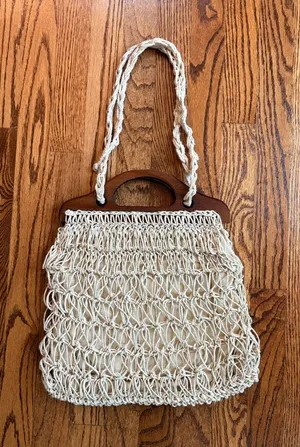 Vintage Simon New York Macrame Bag Wood Handle Italy 60s 70s Boho thumbnail 1