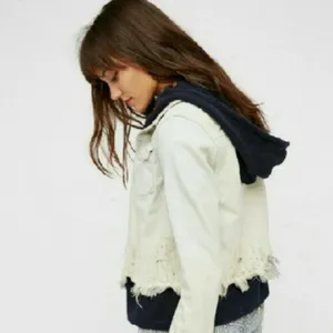 Free People Double Weave Denim Jacket Hoodie Distr thumbnail 5