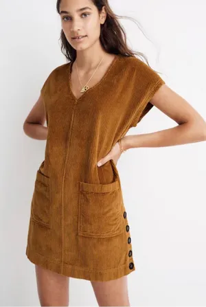 Madewell Retro Mustard Gold Corduroy Shift Dress V-Neck Pockets Boho Academia L thumbnail 1