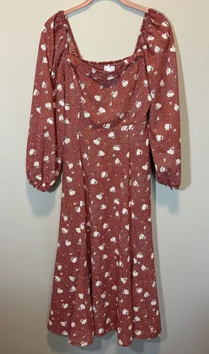 Dizzy Lizzy Rust Floral Polka Dot Puff Sleeve Square Neck Midi Dress Women's M‎ thumbnail 1
