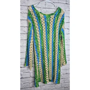 Olivaceous Phoenix Open Knit Crochet Dress Swim Coverup Green Blue Striped L NWT thumbnail 3