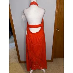 Anthropologie Orange Eyelet Lace Halter Maxi Dress‎ boho Open Back NWT Size L thumbnail 6