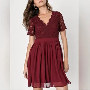 Lulus Angel in Disguise Burgundy Lace Chiffon Flare Skater Dress SMALL‎ thumbnail 3