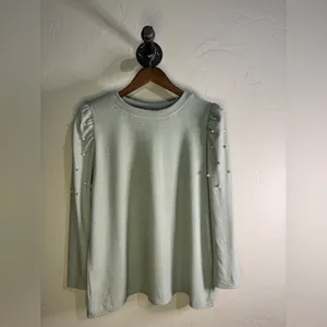 Cato Old Money Light Greenish Gray Knit‎ Top With Pearl Accents Size Large thumbnail 3