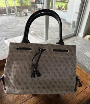 Dooney & Bourke Monogram Canvas Tote Bag Brown Leather‎ Trim Tassel Accent thumbnail 1