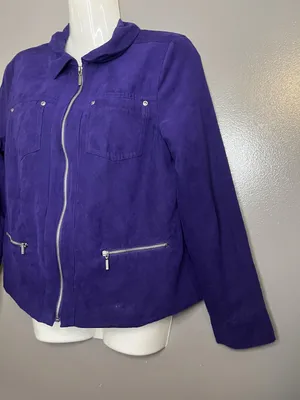 Studio Works Jacket Womens 4P Purple Faux Suede Zip Front Lined Pockets Petite thumbnail 3