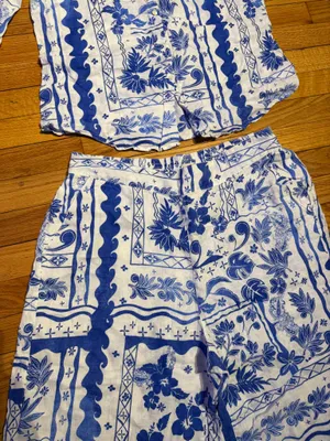 Joie Linen Matching Set Blue/White Floral Two-Piece Pantsuit Coord L/XL coastal thumbnail 6