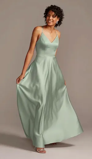 David's Bridal Sage Spaghetti Strap Satin Bridesmaid Dress thumbnail 3