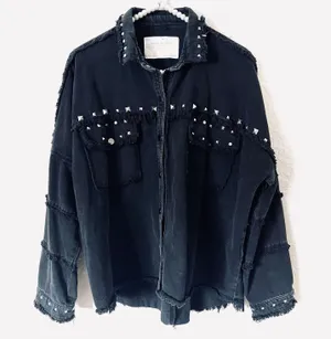 ZARA | Studded Denim Black Fringe Raw Hem Jacket thumbnail 4