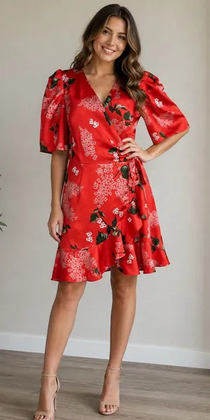 KeepSake Red Floral Wrap Dress with Puff Sleeves Size Large thumbnail 1