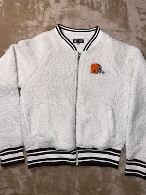 NFL Team Browns Cream Sherpa Zip Jacket with Embroidered Helmet thumbnail 1