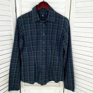 Tommy Hilfiger Plaid Ruffle Cuff Trim Button Front‎ Shirt Green Navy Medium thumbnail 9
