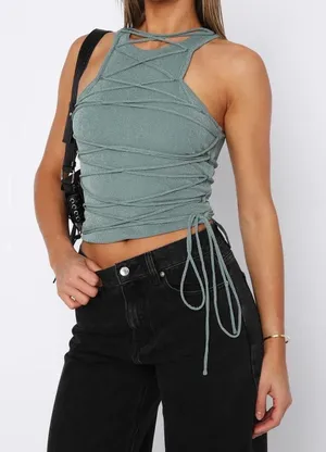 White Fox Without A Trace Top Sage Green‎ Metallic Strappy Halter Y2K Size M thumbnail 1