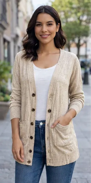 Cream Speckled Cardigan Cardigan Button Up Sweater Ribbed Sleeves and Bottom XS thumbnail 1
