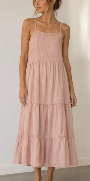 Sim & Sam Pink Swiss Dot Midi Dress Boho Smocked Tiered Sundress Size M thumbnail 1