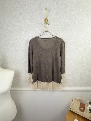 a'reve by Anthropologie Brown Lace Tule Trim Sweater - Size - Large thumbnail 3
