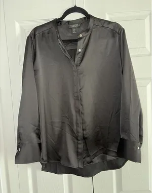 Rachel Zoe Black Satin Button Down Blouse Womens Size L Long Sleeve Band Collar thumbnail 1