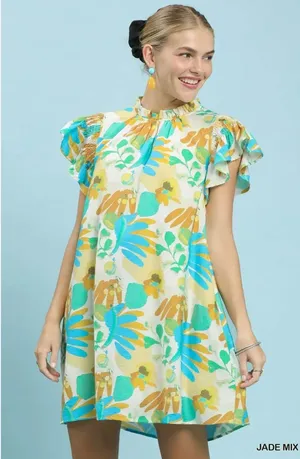 Umgee Ruffled Botanical Print Mini Dress - Jade Mix - Small thumbnail 1