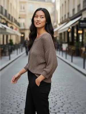 INC International Concepts Taupe Open-Knit Scoop Neck Sweater thumbnail 2