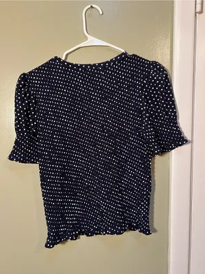 Time and Tru Women’s Size XS 0-2 Smocked Top Short Puff Sleeves Navy Blue White thumbnail 7